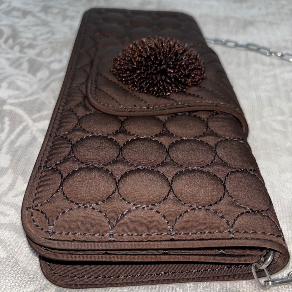 Vera Bradley Dazzle Clutch Espresso Brown Quilted Beaded Pom Pom Purse - Picture 2 of 12